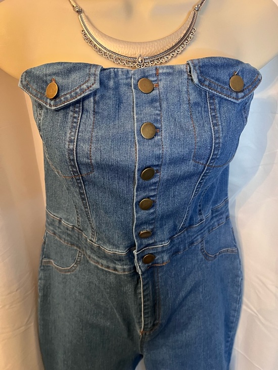 Strapless High-Rise Denim Jumpsuit in Blue - Picture 3 of 16